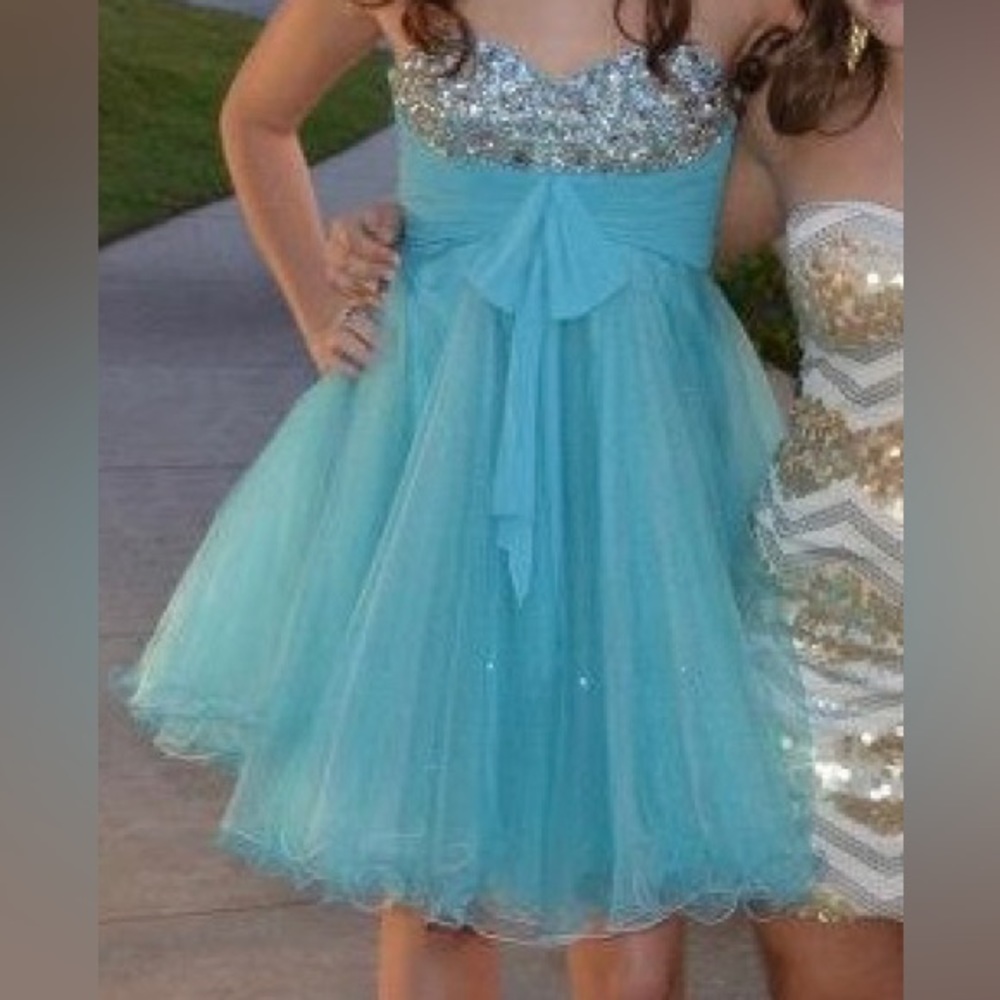 Light blue Jovani dress with rhinestones